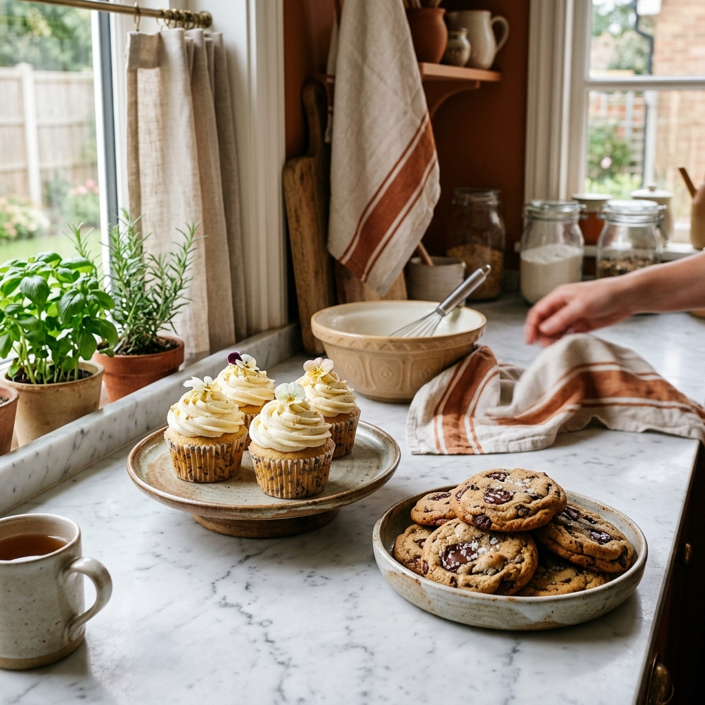 Warm baking scene with cupcakes and cookies